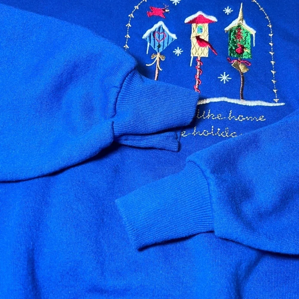 Vintage Holiday Embroidered Birdhouse Sweatshirt Womens XXL Blue Christmas Cozy - Picture 8 of 10